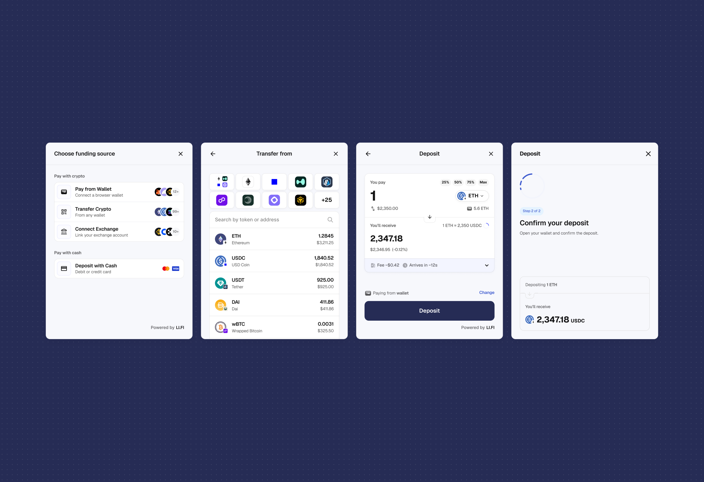 Checkout funding source screens: choose source, transfer-from token list, deposit quote, and confirm deposit