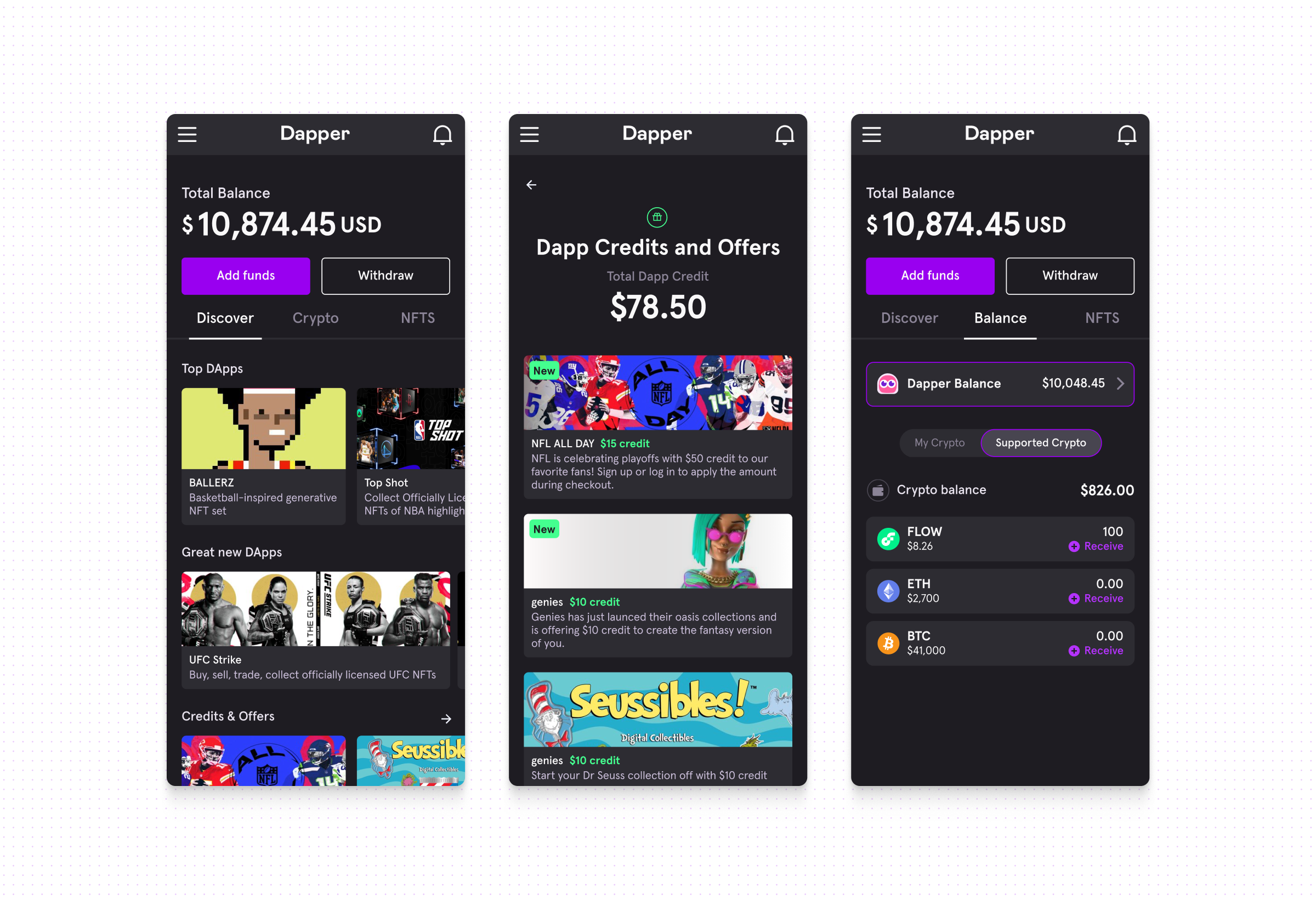 Three phone screens: the wallet home on the Discover tab with a $10,874.45 total balance, Add funds and Withdraw buttons and a list of top dApps; the Dapp Credits and Offers screen showing $78.50 of available credit; and the Balance tab breaking out the account balance alongside FLOW, ETH and BTC holdings